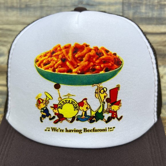 Beefaroni Mens Trucker Hat Brown Snapback Vintage Spaghetti Ad 50s Retro Cap - Picture 3 of 8